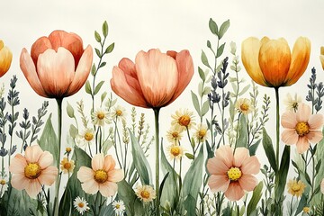 Wall Mural - A painting of a field of flowers with a white background