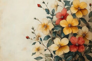 Wall Mural - A painting of a bouquet of flowers with yellow, red, and pink flowers