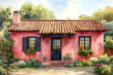 Wall Mural - A small red house with a black door and a black chimney