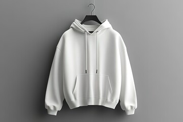 A white hoodie with a black hanger hanging from it