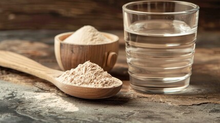 A spoonful of powder next to a glass of water