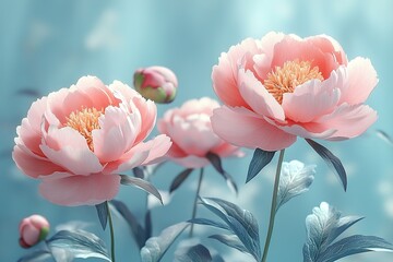 Wall Mural - Two pink flowers are in a blue background