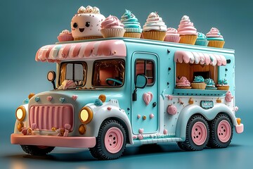 A colorful truck with a pink and blue design is filled with cupcakes