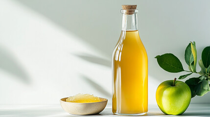 Fresh Apple Cider with Green Apple and apple cider Mother in Bowl. Natural  Sunlight