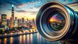 © Sirinporn - Dramatic close-up of a camera lens with a blurred cityscape in the background, showcasing the power of perspective and photographic storytelling techniques.