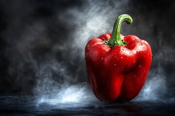 Wall Mural - Delicious smoky red pepper, isolated on dark background. A vibrant red chili pepper covered in water droplets, with wisps of smoke curling around it.