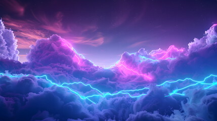 Wall Mural - Purple pink clouds in the sky with futuristic sunset. 3d rendering, abstract futuristic background in neon colors.