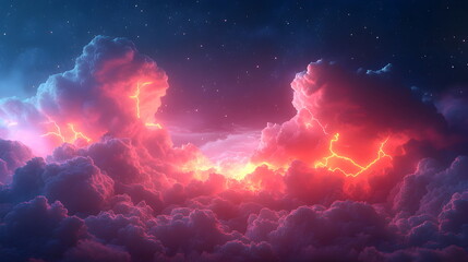 Wall Mural - Purple pink clouds in the sky with futuristic sunset. 3d rendering, abstract futuristic background in neon colors.