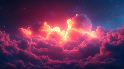 Wall Mural - Purple pink clouds in the sky with futuristic sunset. 3d rendering, abstract futuristic background in neon colors.