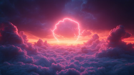 Wall Mural - Purple pink clouds in the sky with futuristic sunset. 3d rendering, abstract futuristic background in neon colors. Glowing frame