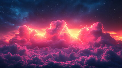 Wall Mural - Purple pink clouds in the sky with futuristic sunset. 3d rendering, abstract futuristic background in neon colors.