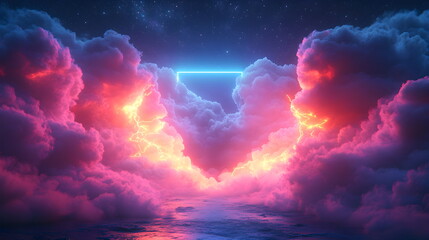 Wall Mural - Purple pink clouds in the sky with futuristic sunset. 3d rendering, abstract futuristic background in neon colors. Glowing frame