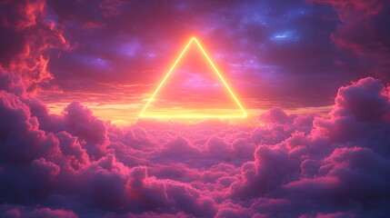 Wall Mural - Purple pink clouds in the sky with futuristic sunset. 3d rendering, abstract futuristic background in neon colors. Glowing triangle frame in yellow