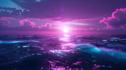 Wall Mural - Sunset on the ocean shore of the azure coast with a futuristic sunset. 3d rendering, abstract futuristic background in neon and purple shades