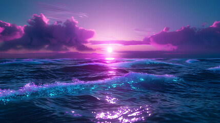 Wall Mural - Sunset on the ocean shore of the azure coast with a futuristic sunset. 3d rendering, abstract futuristic background in neon and purple shades