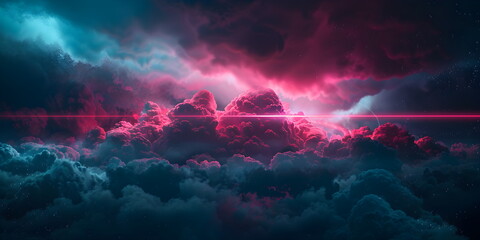 neon glowing red light from laser sky with dark clouds. 3d rendering, abstract futuristic background