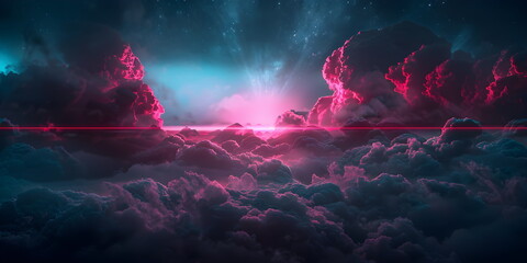 Wall Mural - Neon glowing red light from laser sky with dark clouds. 3d rendering, abstract futuristic background with neon glow and thundercloud on night sky. Red and blue shades