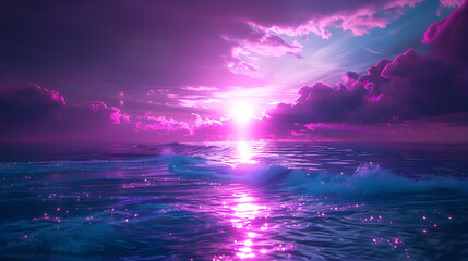 Wall Mural - Sunset on the ocean shore of the azure coast with a futuristic sunset. 3d rendering, abstract futuristic background in neon and purple shades