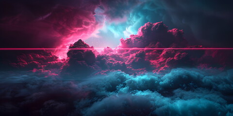 Wall Mural - Neon glowing red light from laser sky with dark clouds. 3d rendering, abstract futuristic background with neon glow and thundercloud on night sky. Red and blue shades
