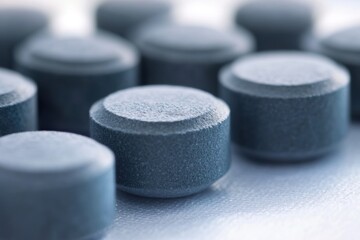 Wall Mural - Close-up of dark blue medical pills on reflective surface