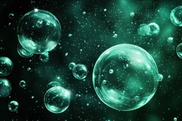 Wall Mural - abstract floating green glowing bubbles with light particles on dark background generative ai