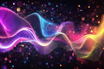 Wall Mural - colorful flowing waves with glowing bokeh and particles on a dark background generative ai