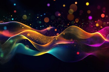 Wall Mural - colorful flowing waves with glowing bokeh and particles on a dark background generative ai