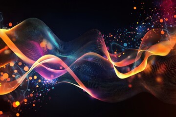 Wall Mural - colorful flowing waves with glowing bokeh and particles on a dark background generative ai