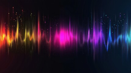 Wall Mural - Abstract colorful soundwave-like lines with particles on dark background Generative AI
