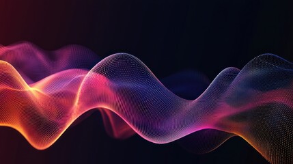 Wall Mural - abstract colorful soundwave-like lines with particles on dark background generative ai