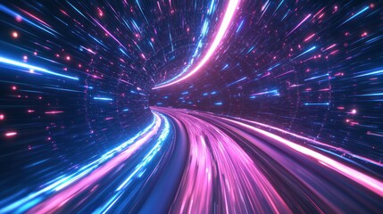 Wall Mural - Abstract neon blue and pink light trails in a futuristic tunnel Generative AI