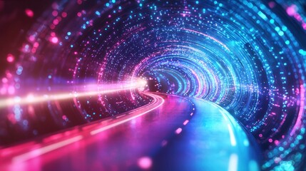 Wall Mural - Abstract neon blue and pink light trails in a futuristic tunnel Generative AI