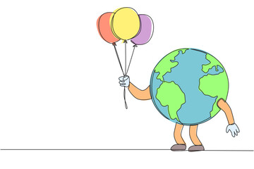Poster - Continuous one line drawing globe holds several balloons. The clean air of the earth brings joy to everyone. Take care of the earth wherever and whenever. Single line draw design vector illustration
