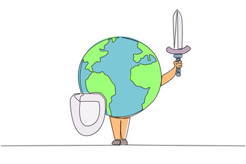 Poster - Continuous one line drawing globe holds a shield and sword. Guardian of the earth. Always ready to be relied on. Guardian of the cleanliness of the earth. Single line draw design vector illustration