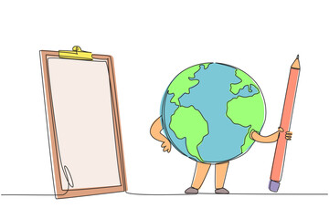 Poster - Single continuous line drawing the globe poses holding a large pencil in front of a clipboard. Make a list of what needs to be done to keep the earth green. Saving. One line design vector illustration