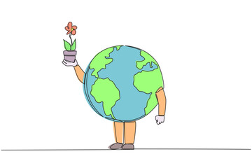 Poster - continuous one line drawing the globe holds and lifts flowers planted in pots. passionate about plan