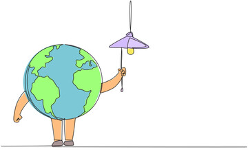Poster - single one line drawing globe pulls string to turn off the lights. save energy. turn off the power w