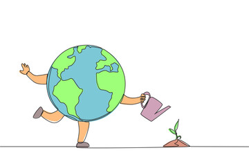 Poster - Continuous one line drawing globe watering plant seed. Plant plants with joy. Maintain air purity. Protecting the ecosystem. Keep the planet green. Save. Single line draw design vector illustration