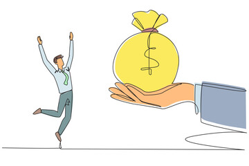 Poster - Continuous one line drawing businessman was excited to get money bag from giant hand. Important prize. Smart work that brings benefits. Get company income. Single line draw design vector illustration
