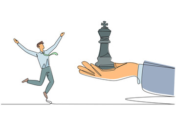 Poster - single continuous line drawing businessman was excited to get king's chess piece from giant hand. ge