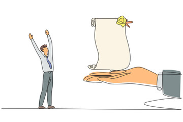 Poster - continuous one line drawing the businessman was excited to get roll of stamped paper from the giant 