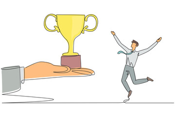 Poster - single one line drawing the businessman was happy to get a trophy from the giant hand. business peop