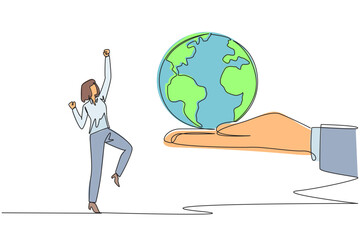 Poster - Single continuous line drawing the businesswoman is excited to get the globe from the giant hand. Get the latest business locations to handle. Very trustworthy. One line design vector illustration