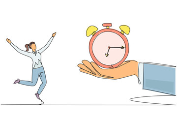 Poster - Single one line drawing businesswoman was excited to get alarm clock from a giant hand. Additional time to complete daily reports. Must always make profit. Continuous line design graphic illustration