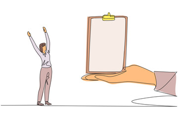 Poster - single continuous line drawing the businesswoman was excited to get the clipboard from the giant han