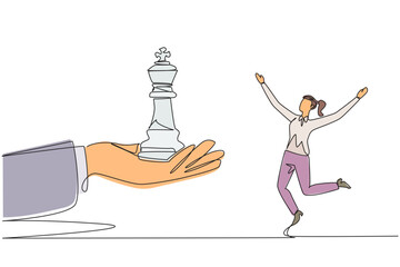 Wall Mural - Continuous one line drawing businesswoman was excited to get king's chess piece from giant hand. Get full support. Profits must be many times over. Success. Single line draw design vector illustration