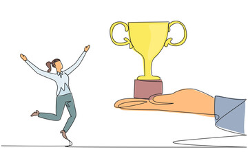Poster - Continuous one line drawing the businesswoman was happy to get a trophy from the giant hand. Awards from the community. Trigger for more success. Profit. Single line draw design vector illustration