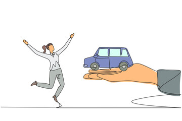 Poster - Single continuous line drawing businesswoman excited to get miniature car from giant hand. Electric vehicle prototype. Does not pollute environment. Save energy. One line design vector illustration