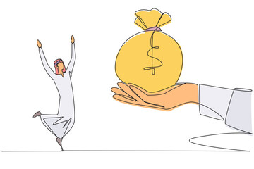 Poster - single one line drawing arabian businessman was excited to get the money bag from giant hand. proud 