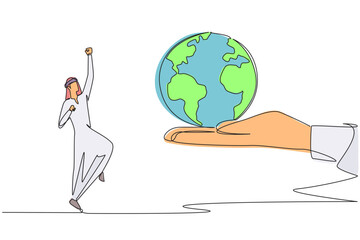 Poster - single continuous line drawing arabian businessman is excited to get the globe from giant hand. good